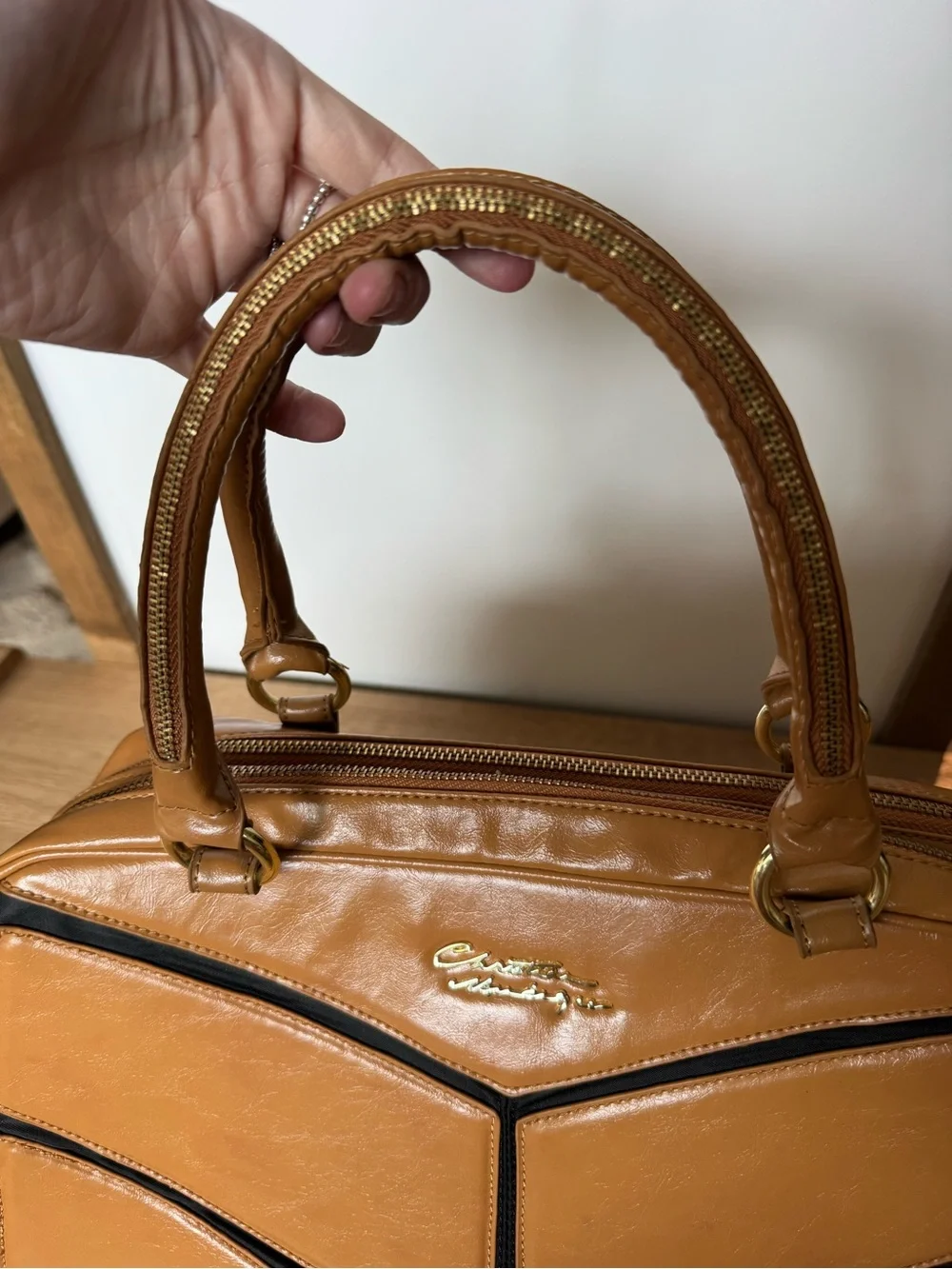 Christian Audigier Tan Satchel with Black Trim and Gold Hardware